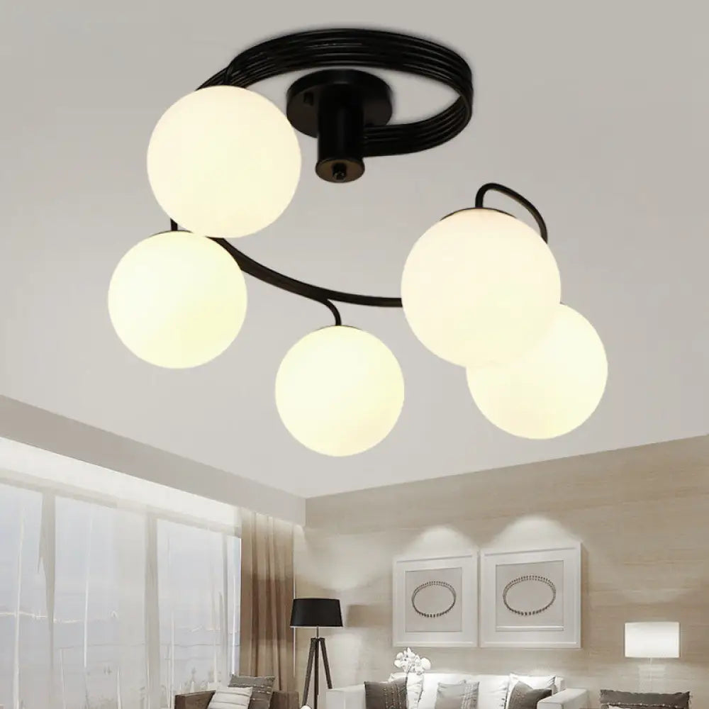 Traditional Black Semi Flush Ceiling Light With Globe White Glass Shade - 3/5 Lights For Living