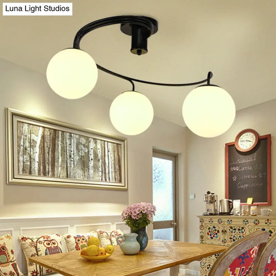 Traditional Black Semi Flush Ceiling Light Fixture With Globe White Glass Shade - 3/5 Lights For