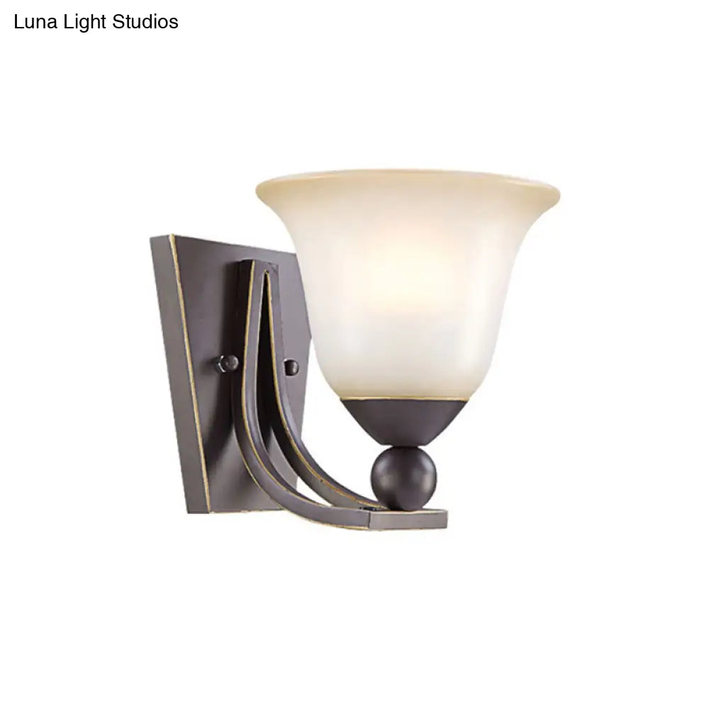 Traditional Black Wall Sconce With Flared Frosted Glass Shade For Bedroom