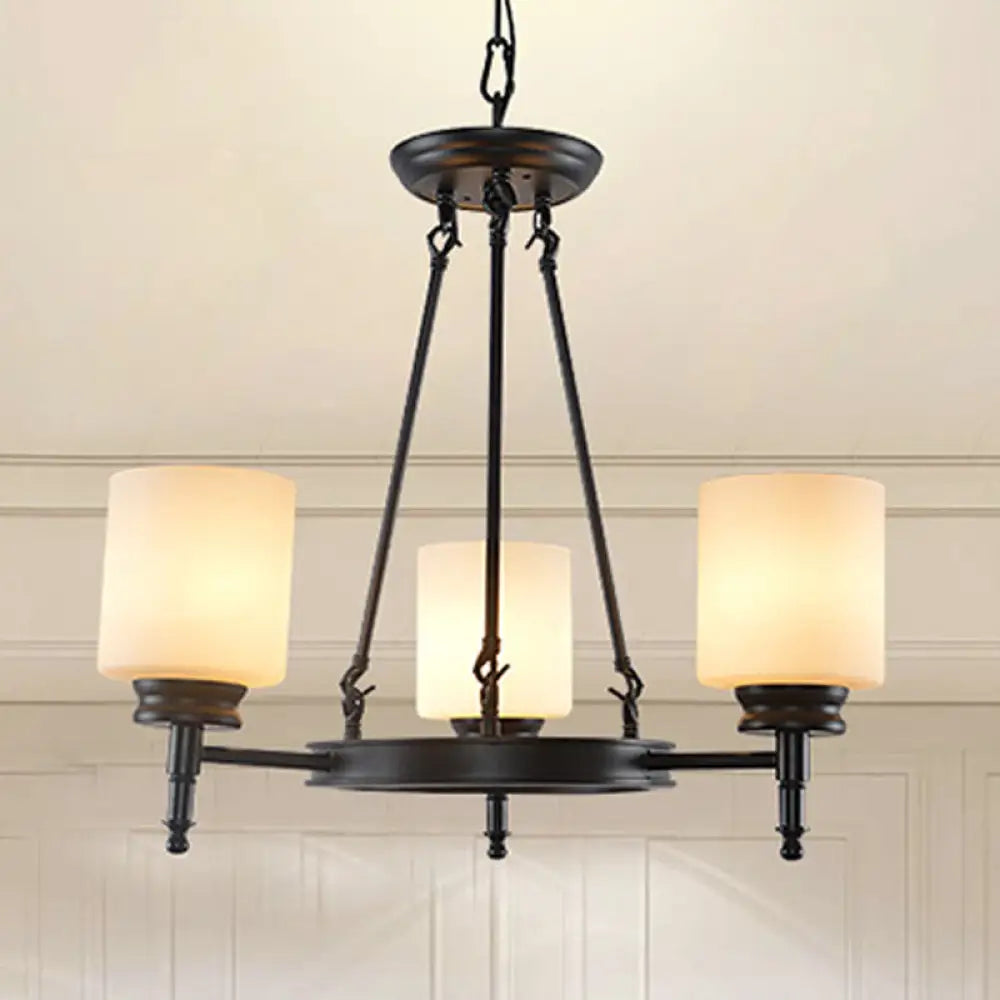 Traditional Black Wheel Chandelier With Frosted Glass Shades - 3/6 Lights Elegant Hanging Ceiling