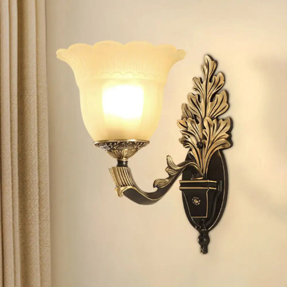 Traditional Blossom Frosted Glass Wall Sconce With Curvy Arm In Black For Hallway Lighting 1 /