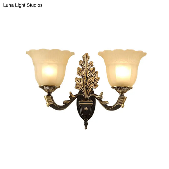 Traditional Blossom Frosted Glass Wall Sconce With Curvy Arm In Black For Hallway Lighting