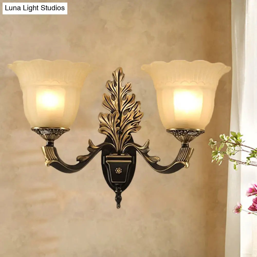 Traditional Blossom Frosted Glass Wall Sconce With Curvy Arm In Black For Hallway Lighting