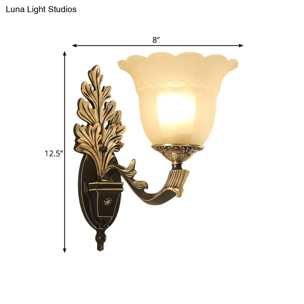 Traditional Blossom Frosted Glass Wall Sconce With Curvy Arm In Black For Hallway Lighting