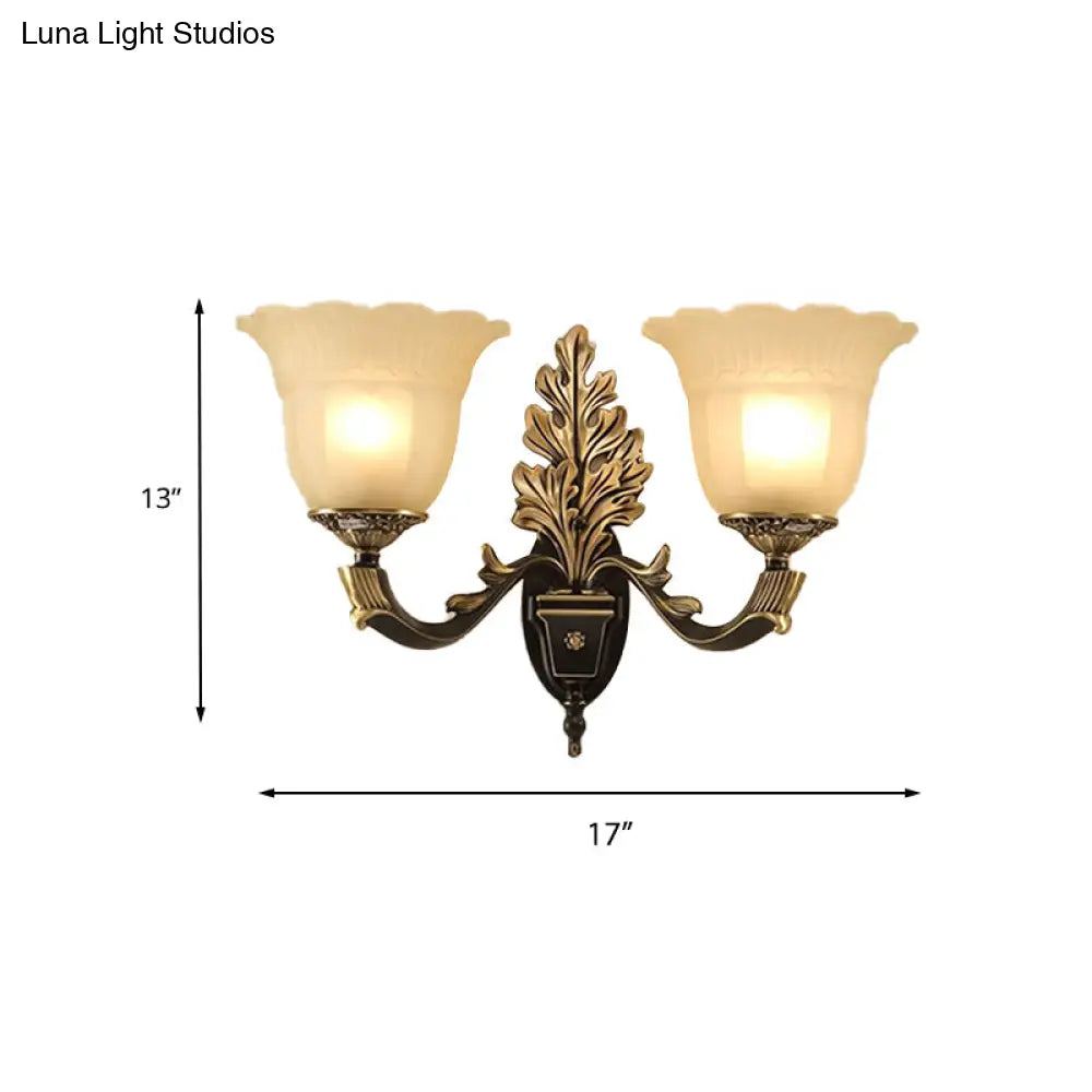 Traditional Blossom Frosted Glass Wall Sconce With Curvy Arm In Black For Hallway Lighting