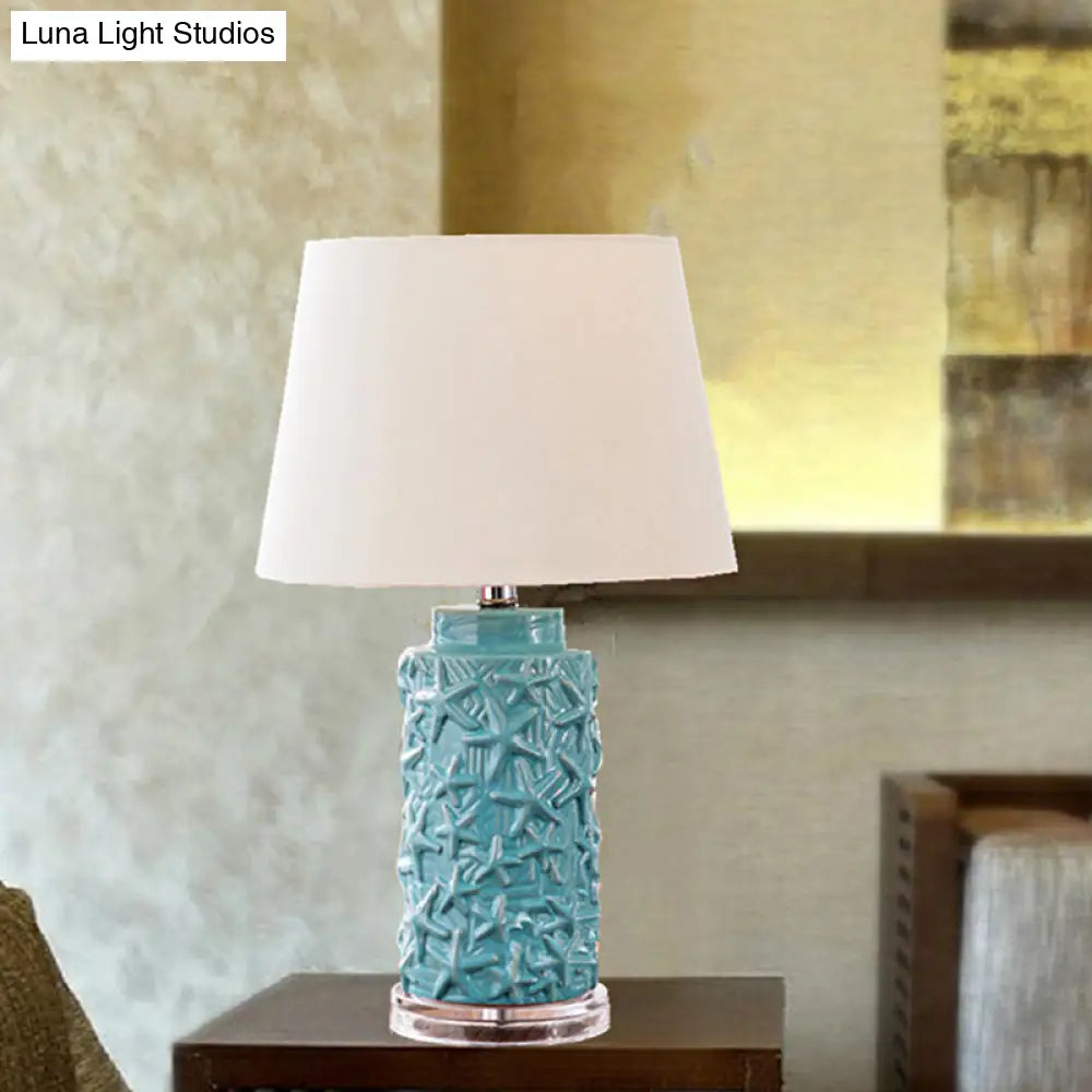 Traditional Blue Fabric Desk Light With Barrel Shade Ideal Bedroom Nightstand Lamp