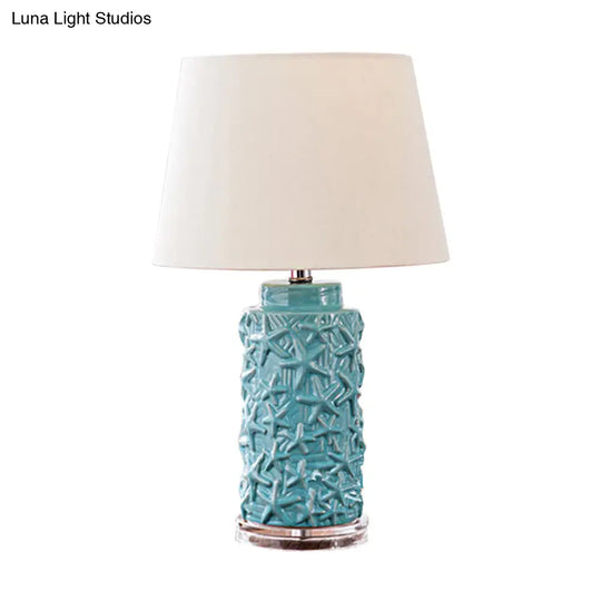 Traditional Blue Fabric Desk Light With Barrel Shade Ideal Bedroom Nightstand Lamp