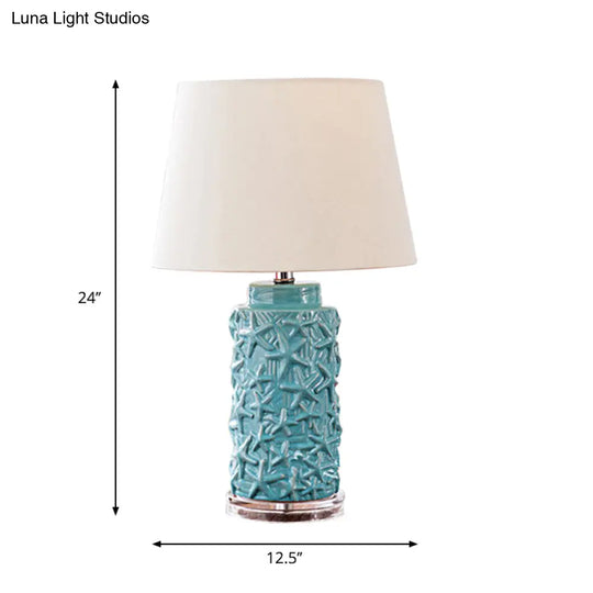 Traditional Blue Fabric Desk Light With Barrel Shade Ideal Bedroom Nightstand Lamp