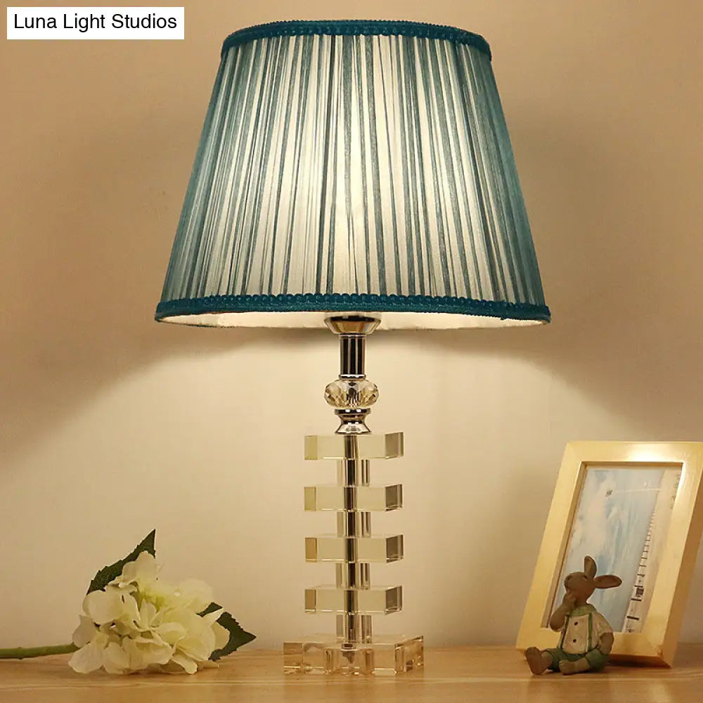 Traditional Blue Fabric Night Light Table Lamp With Crystal Base