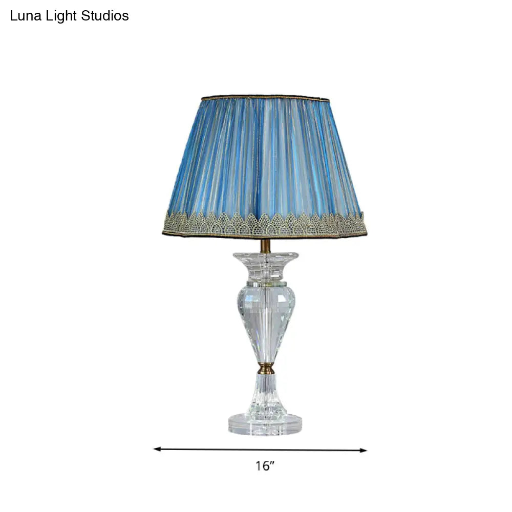 Traditional Blue Fabric Nightstand Lamp With Crystal Base - 1 Light Barrel Design