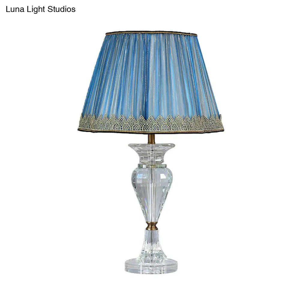 Traditional Blue Fabric Nightstand Lamp With Crystal Base - 1 Light Barrel Design