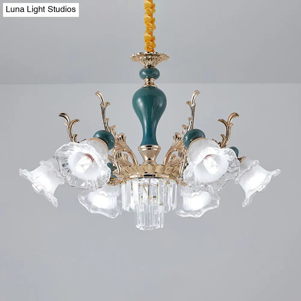 Traditional Blue Floral Crystal Chandelier Suspension Lamp With 6/8 Heads