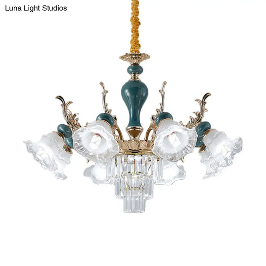 Traditional Blue Floral Crystal Chandelier Suspension Lamp With 6/8 Heads