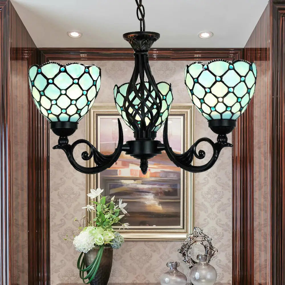 Traditional Blue Glass Chandelier With Bead Accents - 3 Lights For Indoor Foyer Lighting