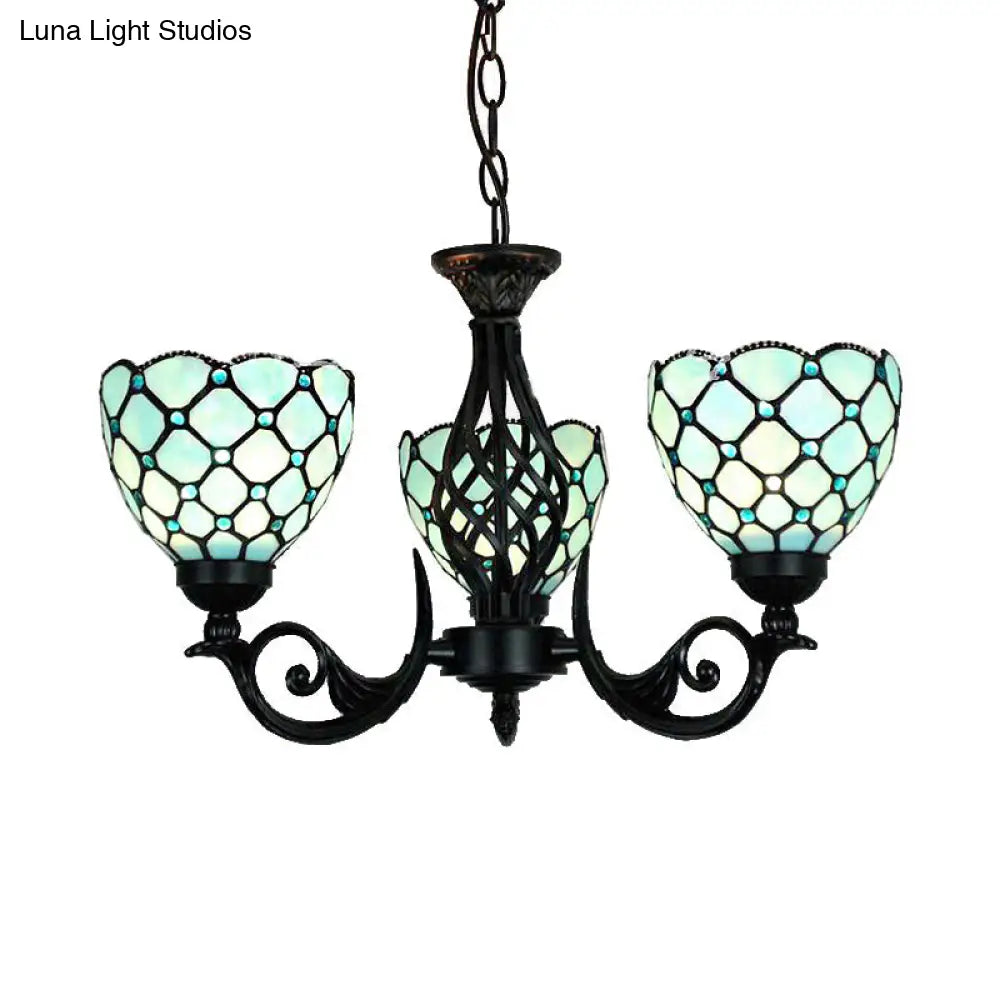 Blue Glass Bowl Chandelier With Bead Details - Traditional 3-Light Indoor Lighting For Foyer