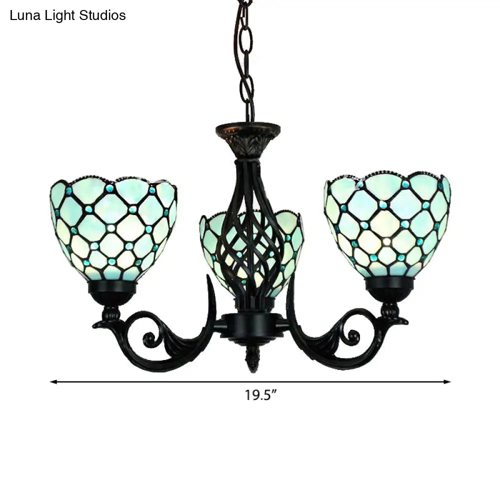 Traditional Blue Glass Chandelier With Bead Accents - 3 Lights For Indoor Foyer Lighting