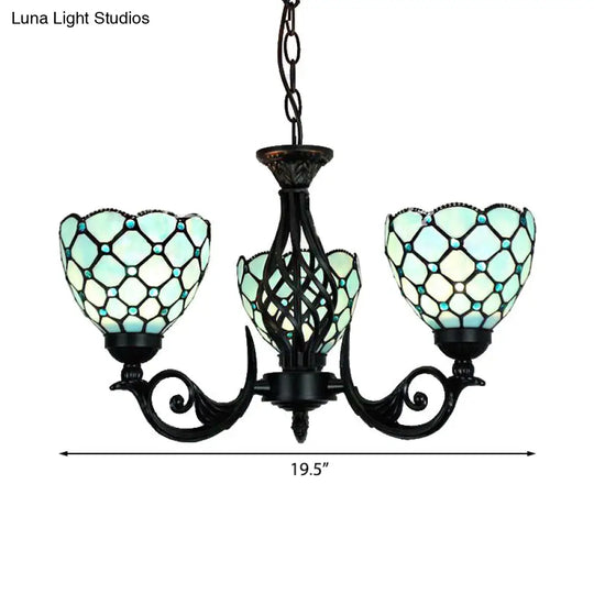 Traditional Blue Glass Chandelier With Bead Accents - 3 Lights For Indoor Foyer Lighting