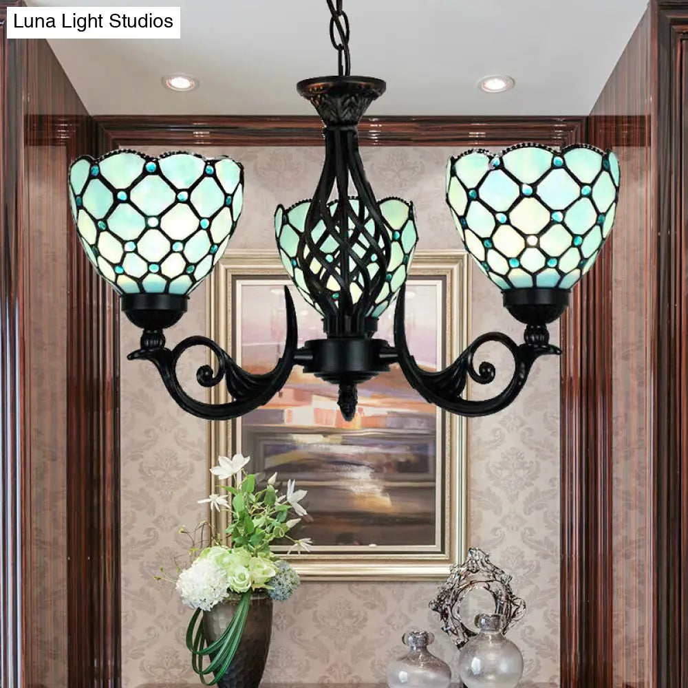 Blue Glass Bowl Chandelier With Bead Details - Traditional 3-Light Indoor Lighting For Foyer