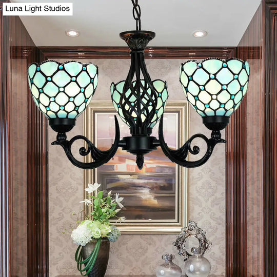 Blue Glass Bowl Chandelier With Bead Details - Traditional 3-Light Indoor Lighting For Foyer