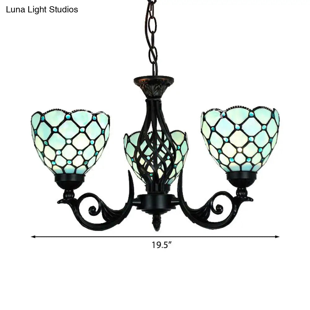 Blue Glass Bowl Chandelier With Bead Details - Traditional 3-Light Indoor Lighting For Foyer