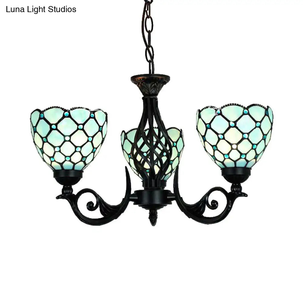 Traditional Blue Glass Chandelier With Bead Accents - 3 Lights For Indoor Foyer Lighting