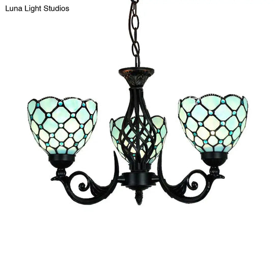 Traditional Blue Glass Chandelier With Bead Accents - 3 Lights For Indoor Foyer Lighting