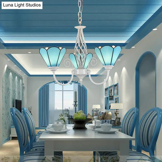 Traditional 3-Light Blue Glass Cone Chandelier For Dining Room With Hanging Chain