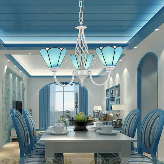 Traditional Blue Glass Cone Chandelier With 3 Lights For Dining Room