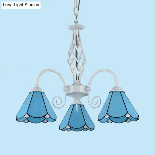 Traditional Blue Glass Cone Chandelier With 3 Lights For Dining Room