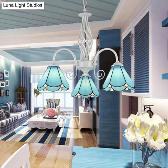 Traditional 3-Light Blue Glass Cone Chandelier For Dining Room With Hanging Chain