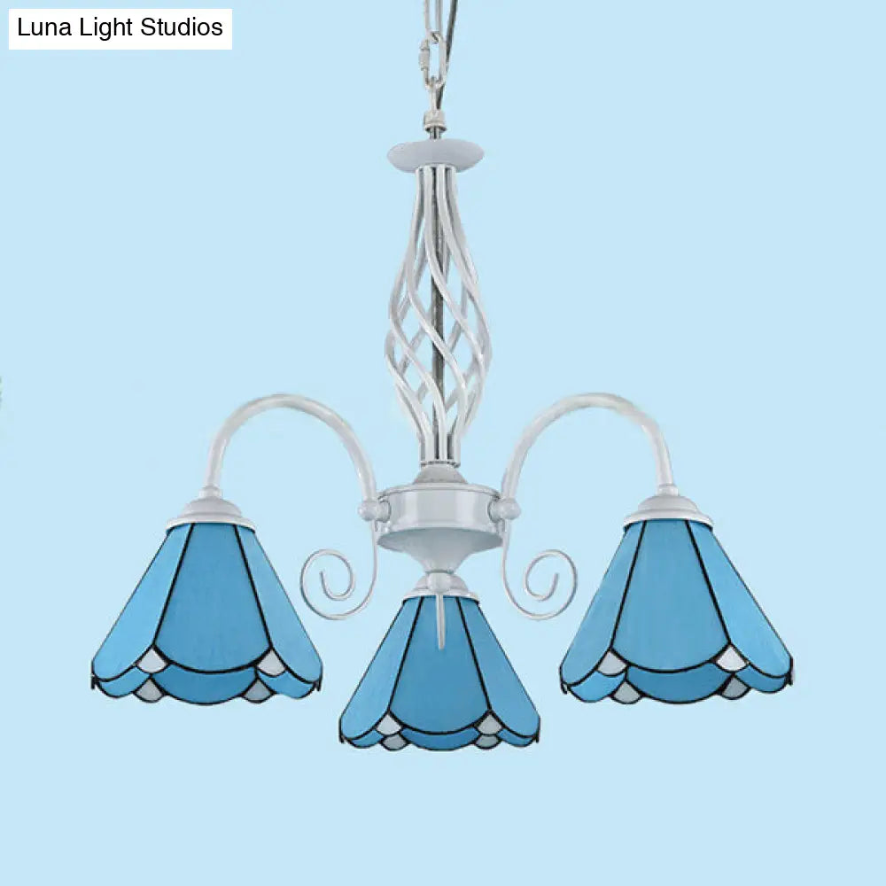 Traditional 3-Light Blue Glass Cone Chandelier For Dining Room With Hanging Chain