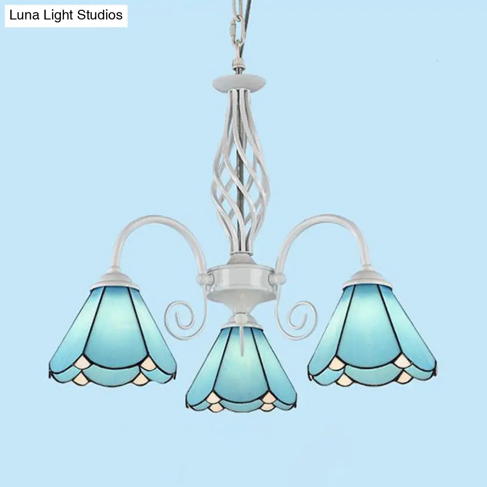 Traditional Blue Glass Cone Chandelier With 3 Lights For Dining Room