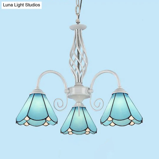 Traditional Blue Glass Cone Chandelier With 3 Lights For Dining Room