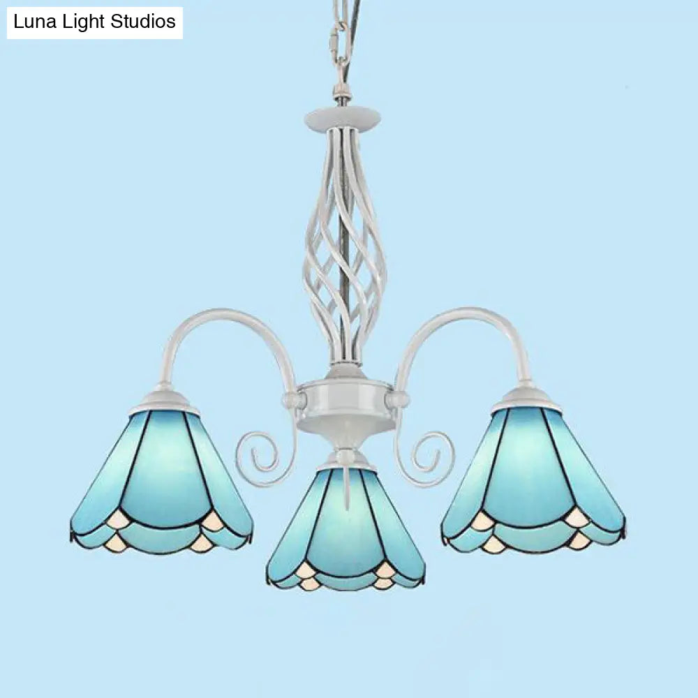 Traditional 3-Light Blue Glass Cone Chandelier For Dining Room With Hanging Chain