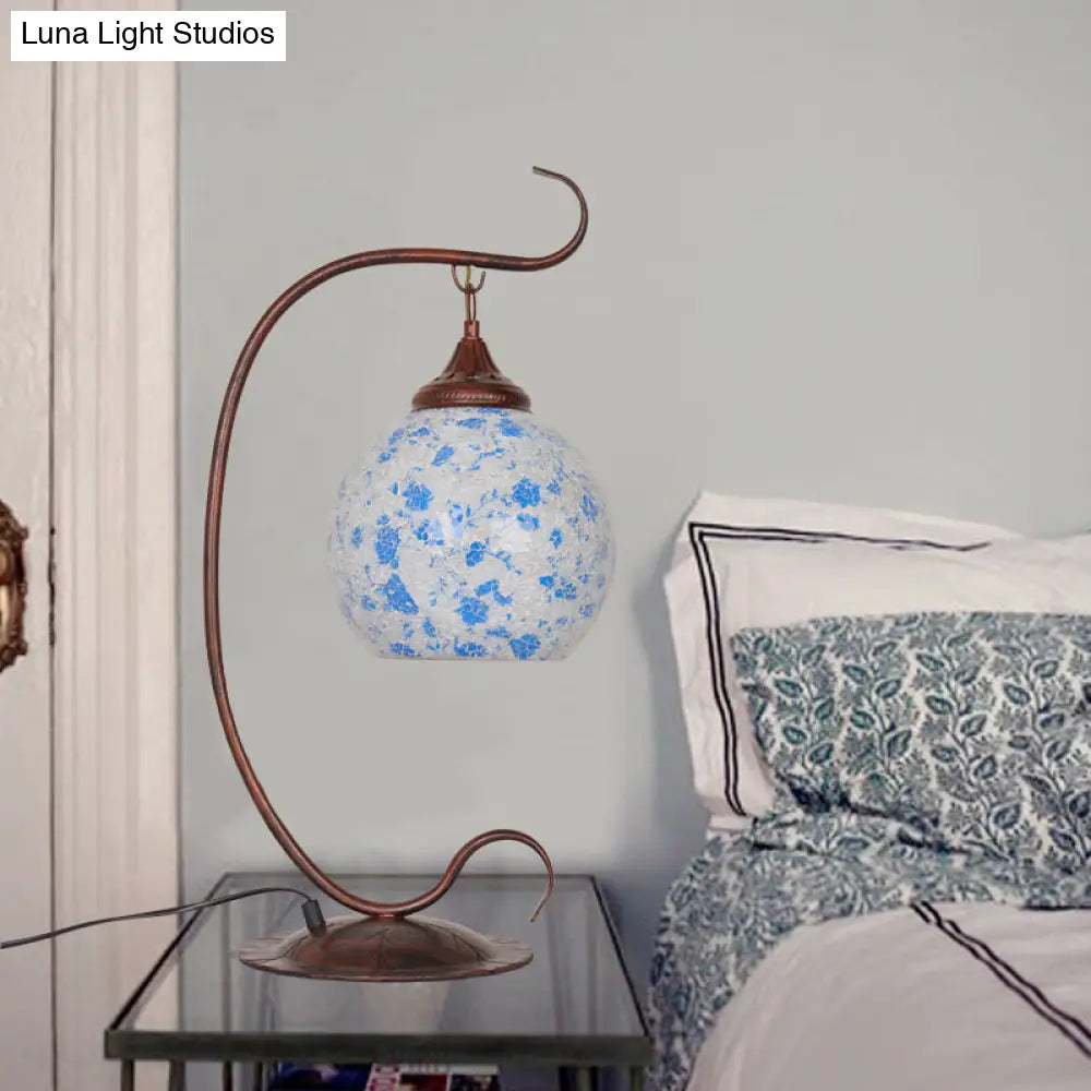 Traditional Blue Stained Glass Night Lamp For Bedroom With Curved Arm