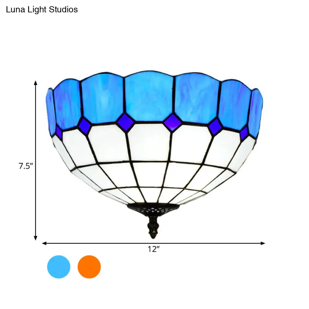 Traditional Blue/Yellow Stained Glass Shade Flush Mount Lamp - 2 Heads Ceiling Fixture For Bedroom