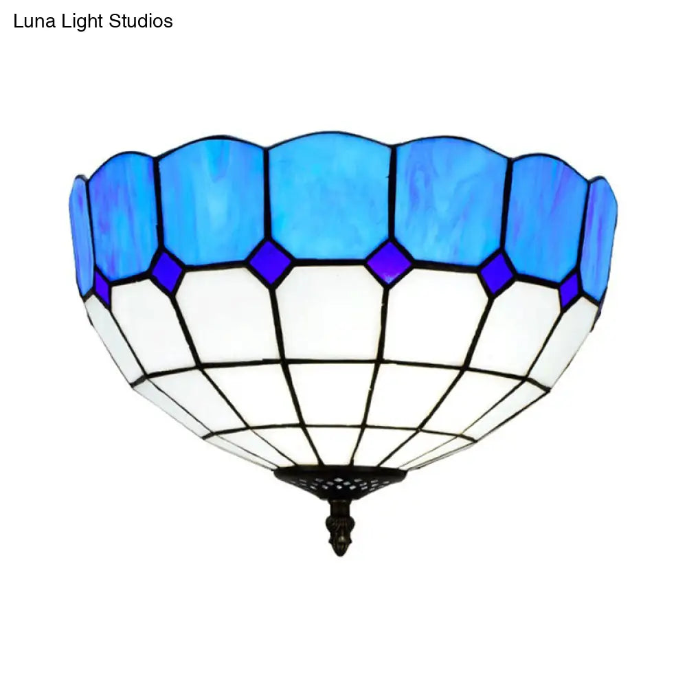 Traditional Blue/Yellow Stained Glass Shade Flush Mount Lamp - 2 Heads Ceiling Fixture For Bedroom