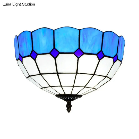 Traditional Blue/Yellow Stained Glass Shade Flush Mount Lamp - 2 Heads Ceiling Fixture For Bedroom