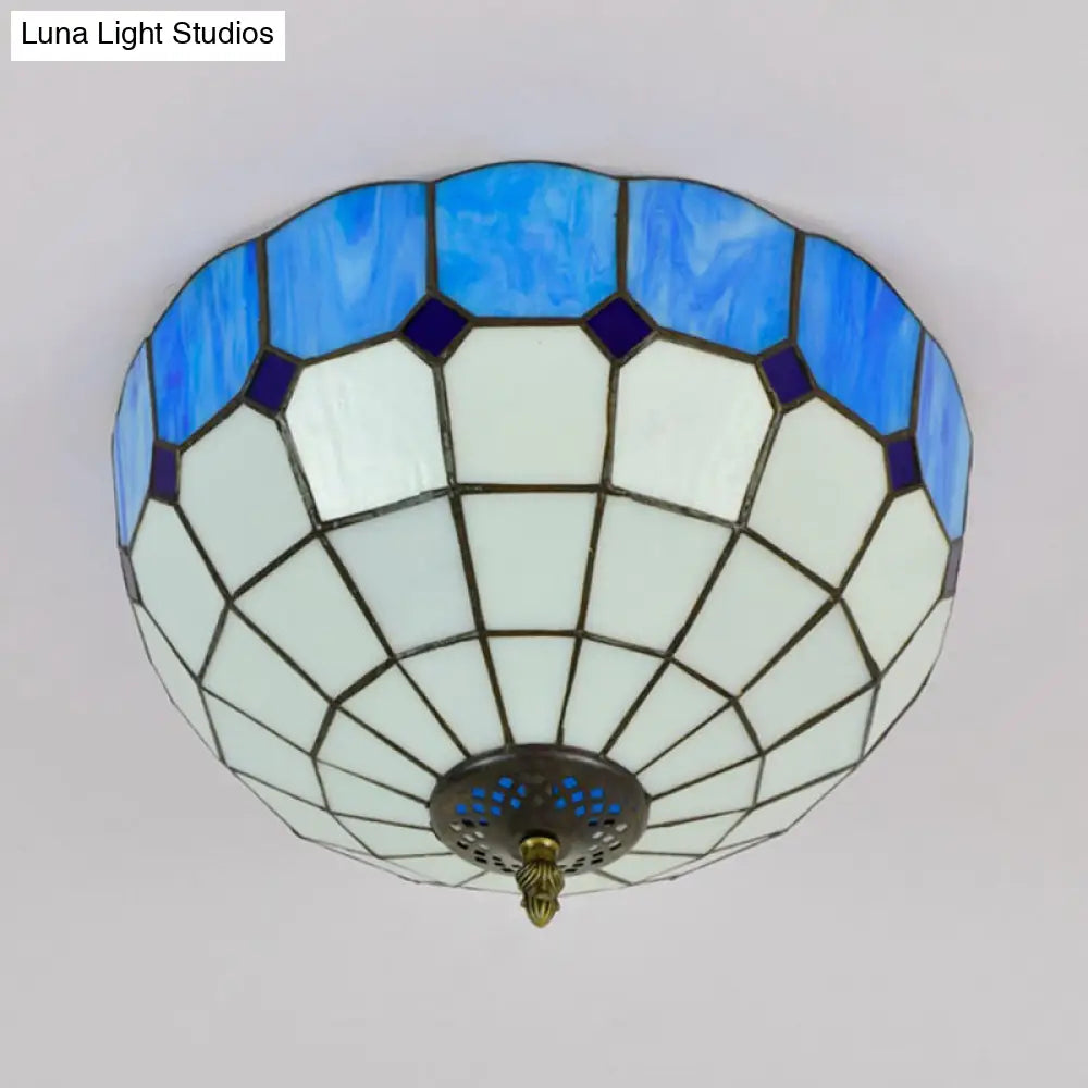 Traditional Blue/Yellow Stained Glass Shade Flush Mount Lamp - 2 Heads Ceiling Fixture For Bedroom