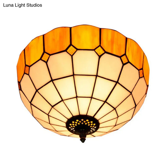 Traditional Blue/Yellow Stained Glass Shade Flush Mount Lamp - 2 Heads Ceiling Fixture For Bedroom