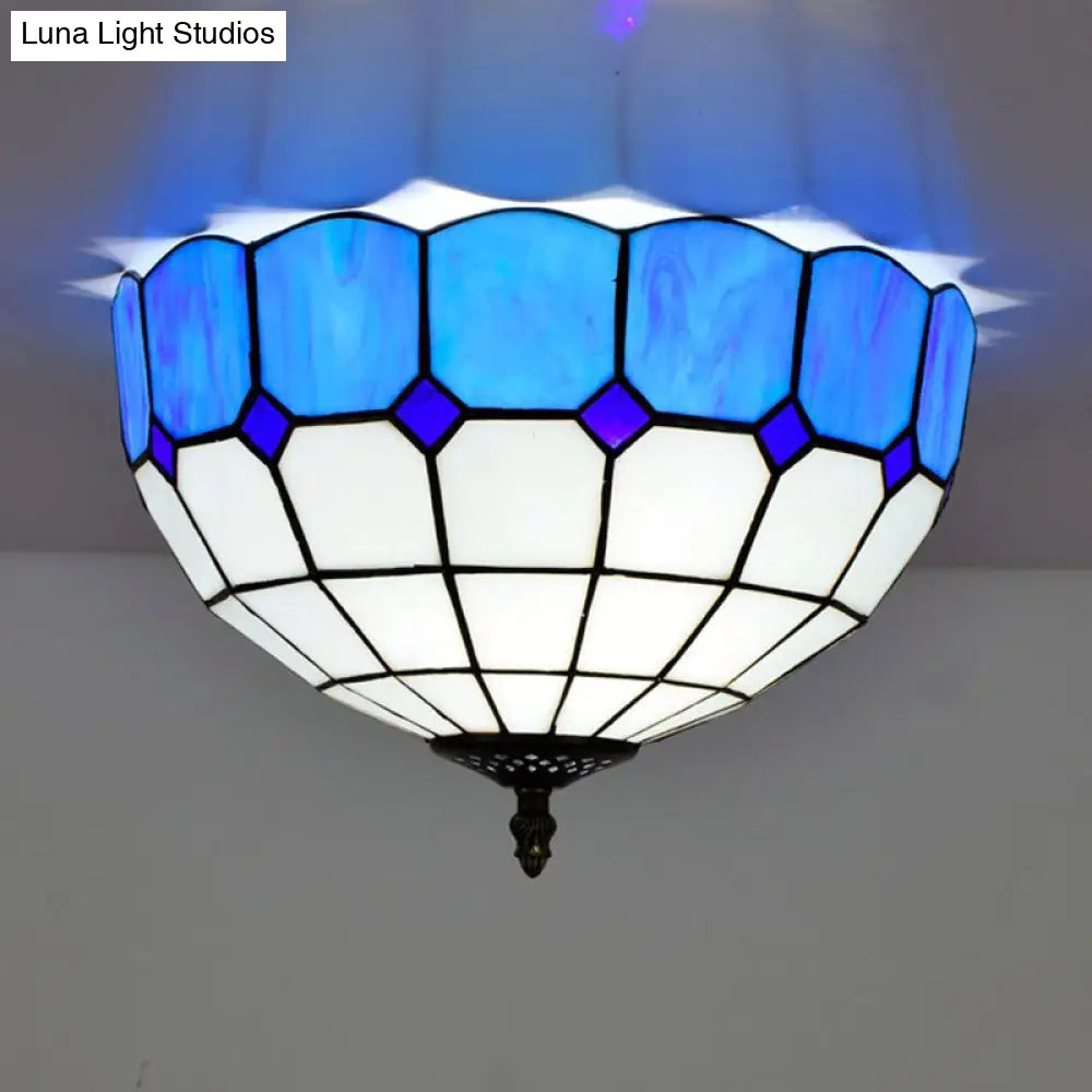 Traditional Blue/Yellow Stained Glass Shade Flush Mount Lamp - 2 Heads Ceiling Fixture For Bedroom