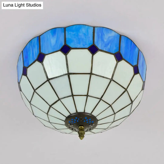 Traditional Blue/Yellow Stained Glass Shade Flush Mount Lamp - 2 Heads Ceiling Fixture For Bedroom
