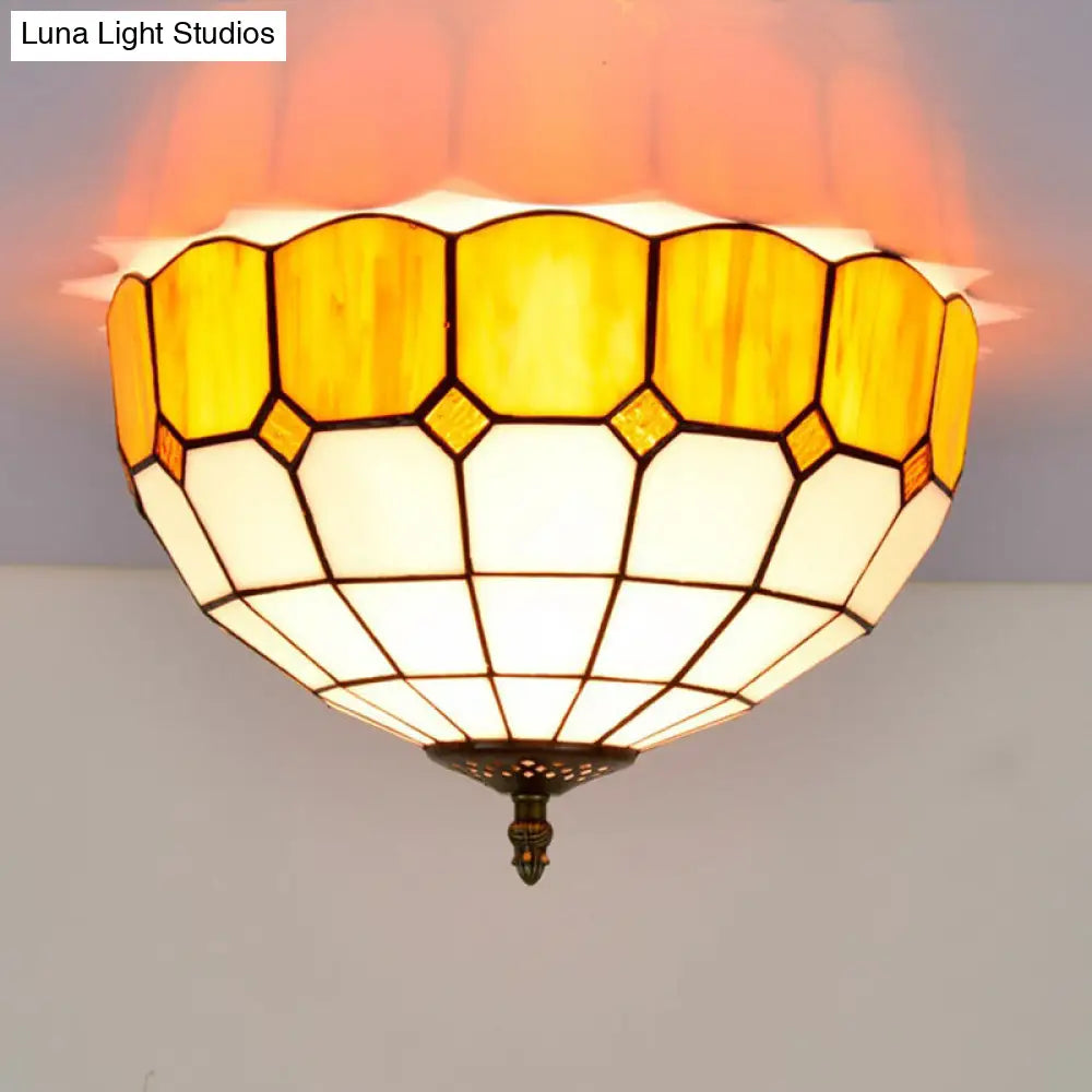 Traditional Blue/Yellow Stained Glass Shade Flush Mount Lamp - 2 Heads Ceiling Fixture For Bedroom