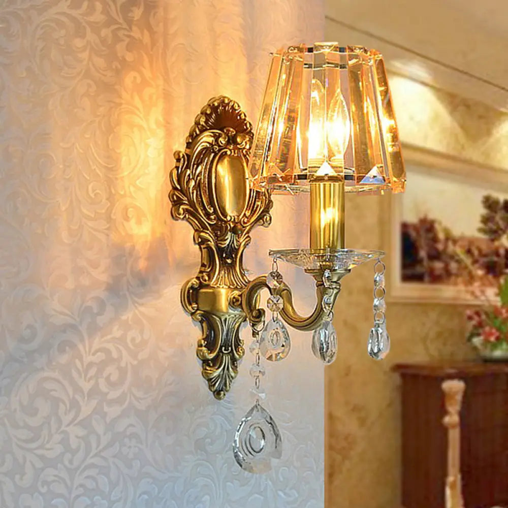 Traditional Brass 1-Light Candle Wall Sconce With Clear Crystal Shade