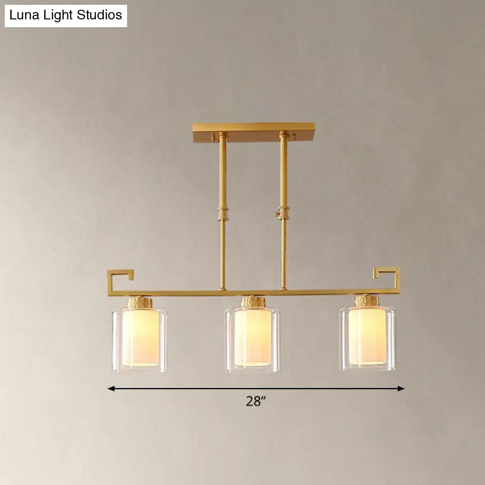 Traditional Brass 3-Light Island Lamp With Clear And Frosted Glass Cylindrical Suspension