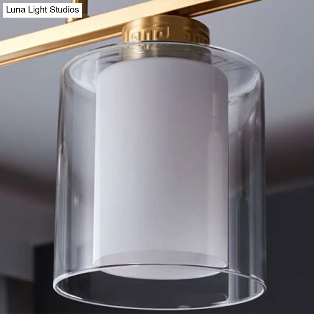 Traditional Brass 3-Light Island Lamp With Clear And Frosted Glass Cylindrical Suspension