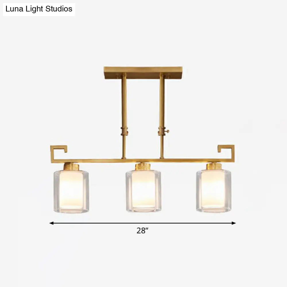 Traditional Brass 3-Light Island Lamp With Clear And Frosted Glass Cylindrical Suspension