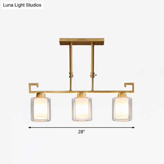 Traditional Brass 3-Light Island Lamp With Clear And Frosted Glass Cylindrical Suspension