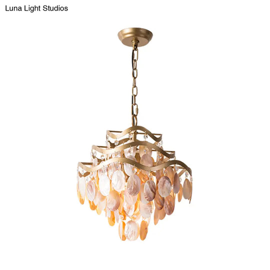 Traditional Brass 3-Tier Flower Ring Chandelier With Seashell Design Pink Shade