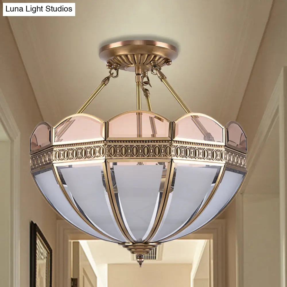 Traditional Brass 4 - Bulb Umbrella Semi Flush Mount Ceiling Light Fixture With Frosted Glass